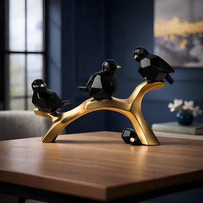 Artistic Geometric Bird Figurine on Branch for Home & Office Décor | Contemporary Black & Gold Sculptural Showpiece for Living Room, Shelf & Console Styling (29.5 cm)