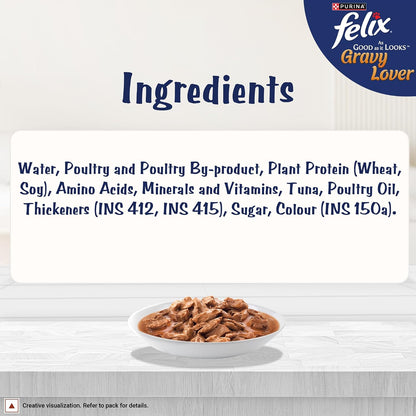 Purina Felix Tuna Gravy Lover, Wet Food for Adult Cats, 70g Pouch | With Tuna in Gravy, Tasty Meaty Chunks, 100% Complete & Balanced Nutrition, Vitamins D & E, Omega 6, Essential Minerals