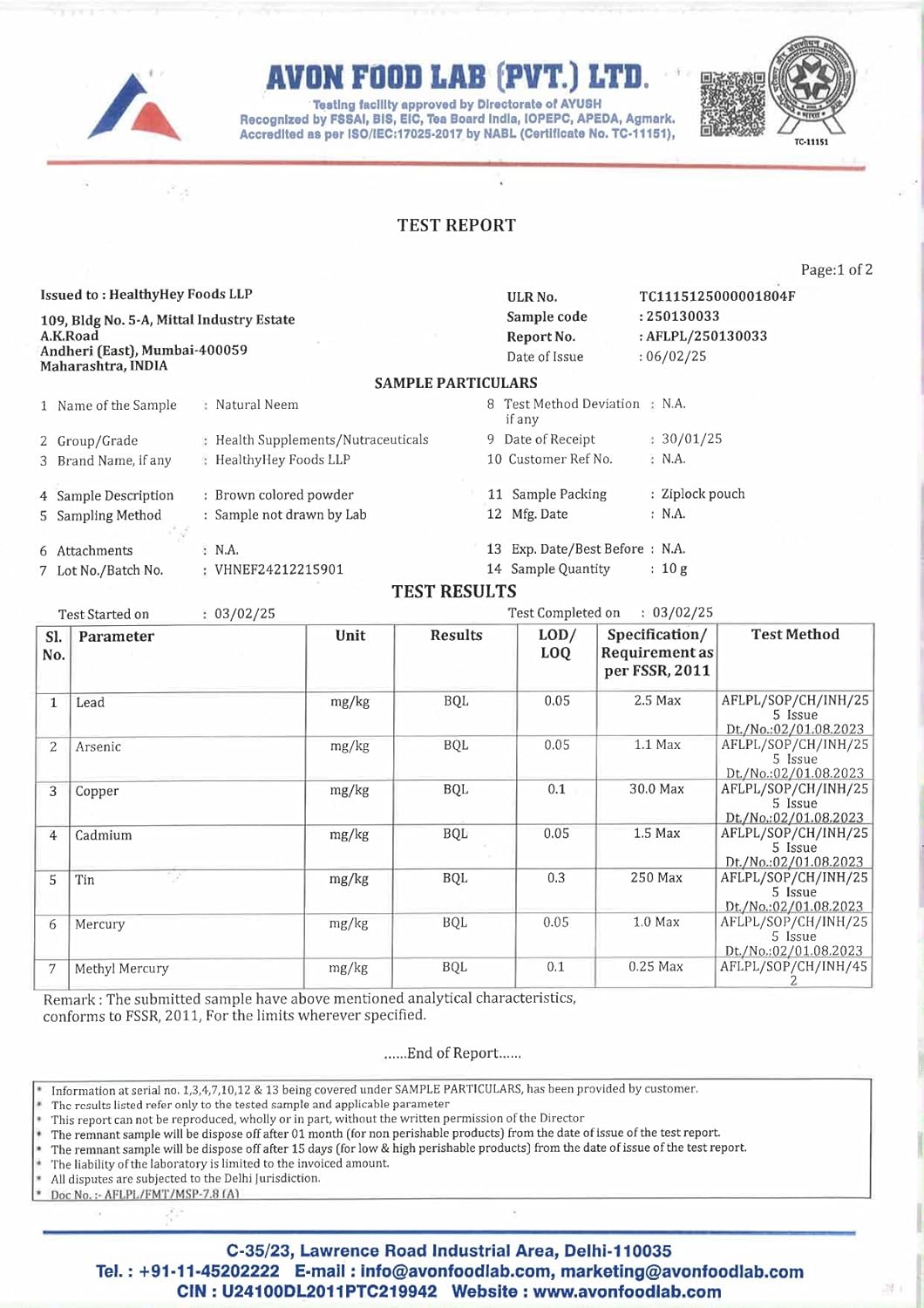Avon Food Lab test report for food product with various parameters tested.