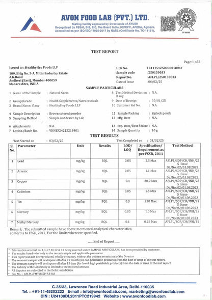 Avon Food Lab test report for food product with various parameters tested.