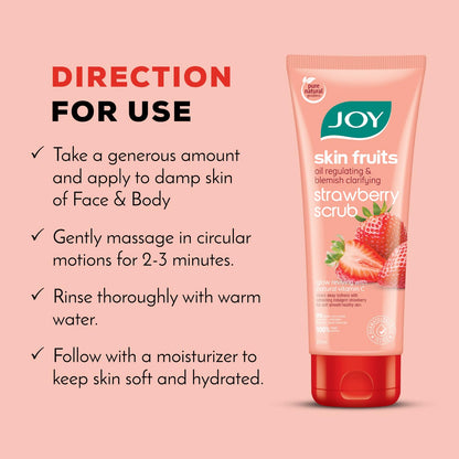 Joy Strawberry Face & Body Scrub for Blackhead Removal & Oil Control - 200gm | Exfoliating Scrub with Vitamin C, Controls Excess Oil & Removes Blemishes | 100% Vegan & Gentle on Skin