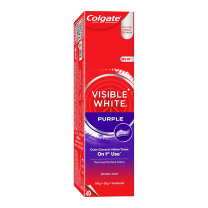 Colgate Visible White Purple Toothpaste and Toothbrush for Teeth Whitening, Helps Remove Surface Stains, Whitens Yellow Teeth, Enamel-Safe for Daily Use, 120g