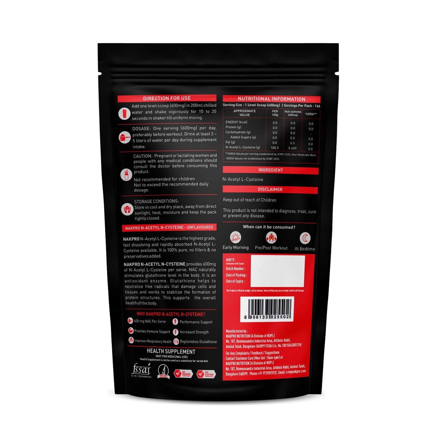 NAKPRO N-Acetyl-L-Cysteine Powder, 600mg | Support Cellular Antioxidant | Immune Health | NAC Supplement Powder (Unflavored, 100g)