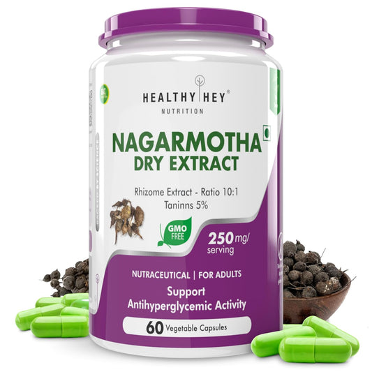 Container of Healthy Hey Nutrition Nagarmotha Dry Extract with capsules on a white background