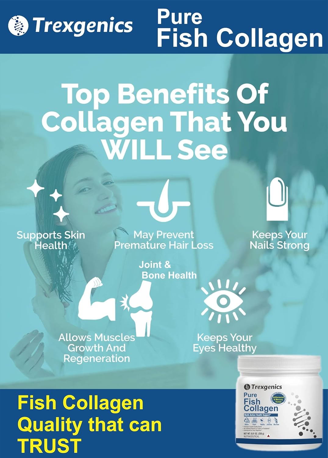 Advertisement for Trexgenics Pure Fish Collagen highlighting top benefits with a woman and product image.
