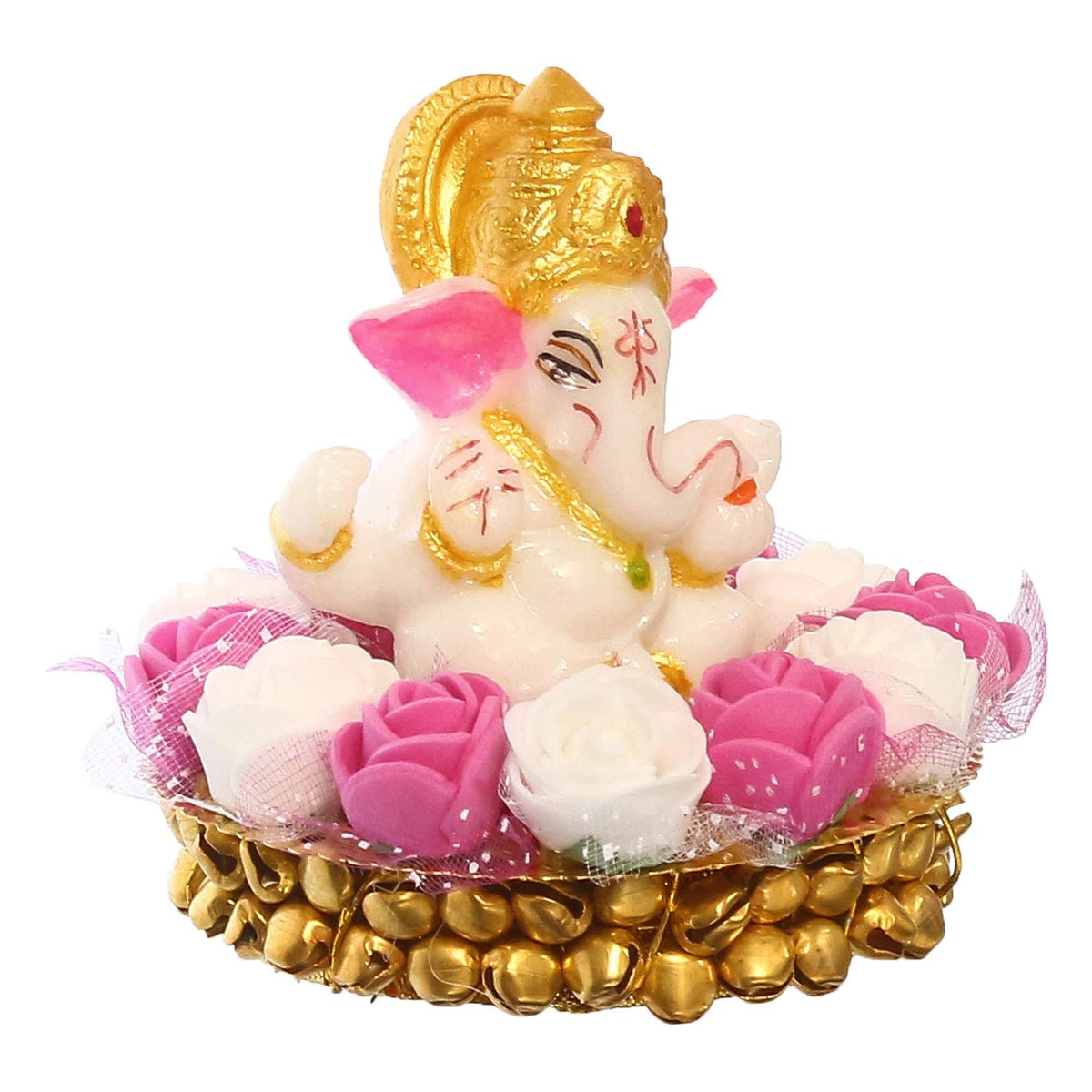 Lord Ganesha Idol on Decorative Handcrafted Plate with Pink and White Flowers
