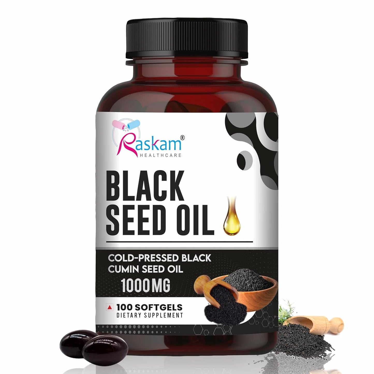 Pure Organic Cold-Pressed Black Seed Oil Softgels - Non-GMO Pure Nigella Sativa Black Cumin Seed Oil for Beauty Immunity & Overall Wellness Support - Thymoquinone-Rich 1000mg Serving 100 softgels