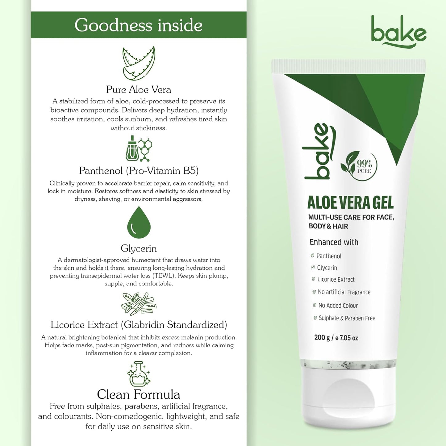 BAKE 99% Pure Aloe Vera Gel (200g) For Face, Body & Hair With Panthenol & Glycerin | Hydrates Skin, Reduces Dryness & Non Sticky | Enriched Proven Actives | For Men & Women - 200g
