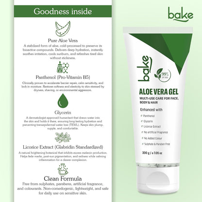 BAKE 99% Pure Aloe Vera Gel (200g) For Face, Body & Hair With Panthenol & Glycerin | Hydrates Skin, Reduces Dryness & Non Sticky | Enriched Proven Actives | For Men & Women - 200g
