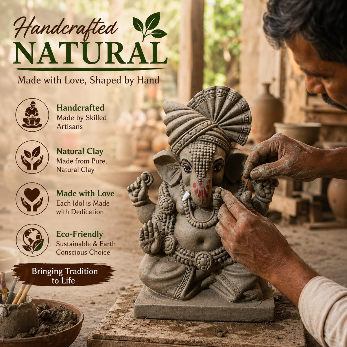 KSI 5.2 Inch Handmade Clay Ganesh Idol for Ganesh Chaturthi | Eco-Friendly Mitti Ganpati Murti | Traditional Pagdi Ganesha Idol for Home Decoration & Visarjan