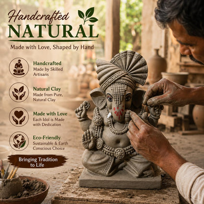 KSI 5.2 Inch Handmade Clay Ganesh Idol for Ganesh Chaturthi | Eco-Friendly Mitti Ganpati Murti | Traditional Pagdi Ganesha Idol for Home Decoration & Visarjan