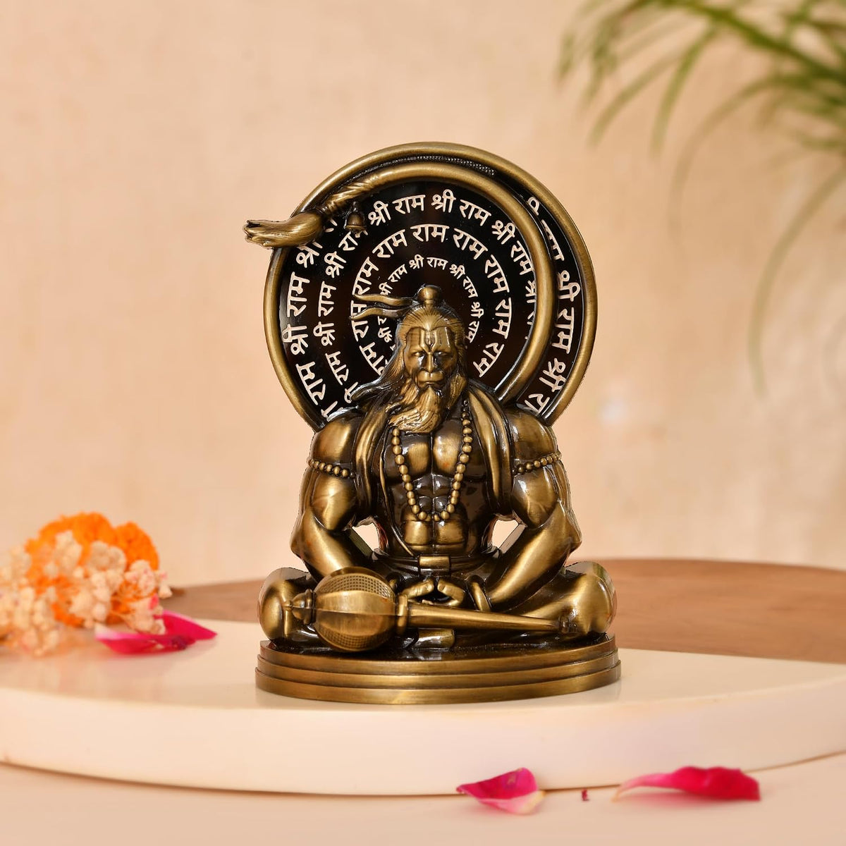 Ram Naam Hanuman Idol for Home Decor, Meditating Lord Hanuman Murti with Shri Ram Mantra Backdrop | Antique Finish Religious Showpiece for Pooja Room, Office & Gift (9x4x13.5 cm, 260g)