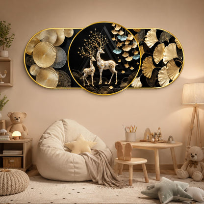 Luxury Deer & Golden Ginkgo Leaf Wall Painting for Living Room Bedroom Kids Room Decor, Black Gold Round Art with Premium PVC Golden Frame (16 x 35 Inch)