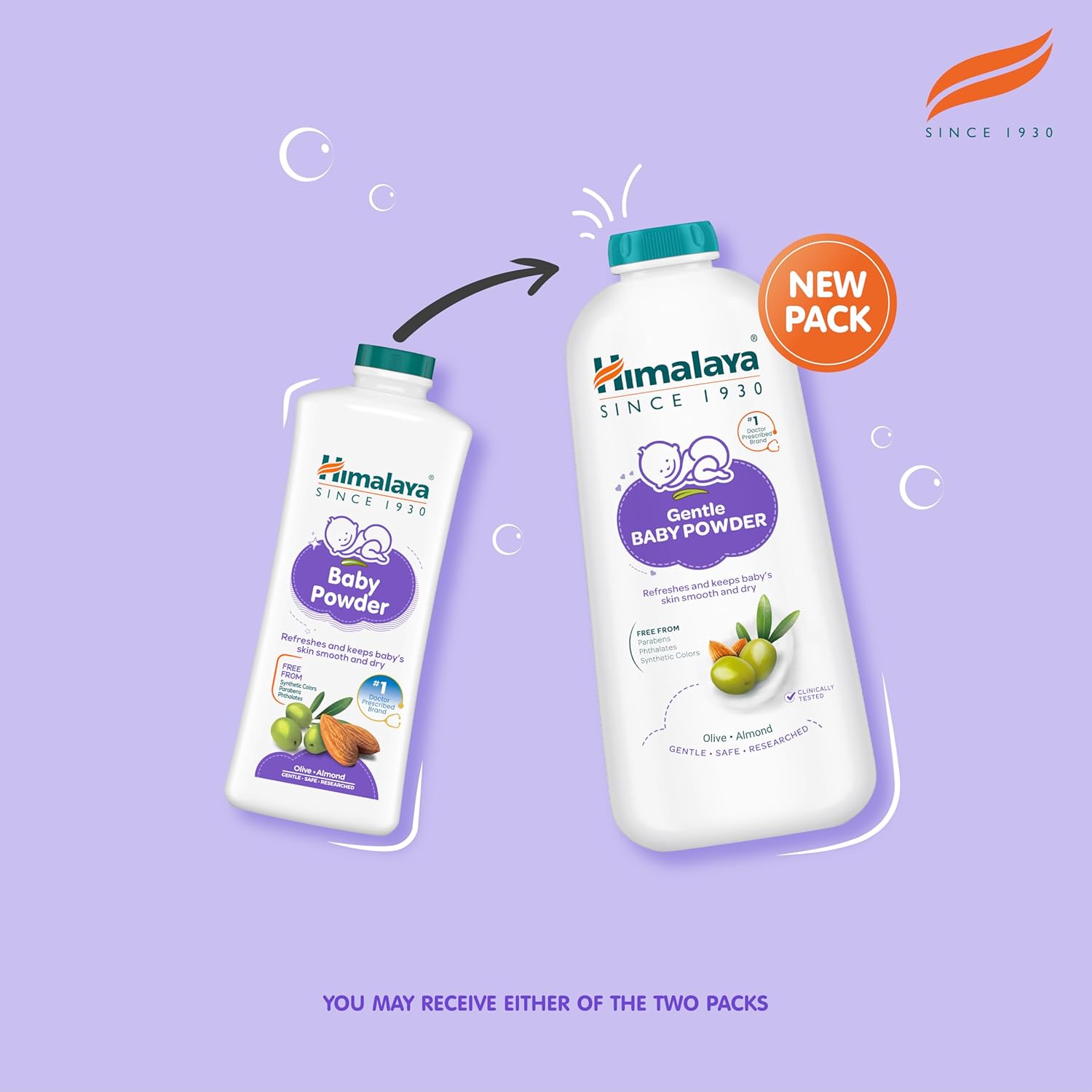Himalaya Gentle Baby Powder packaging on a purple background with brand logo.