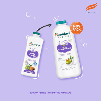 Himalaya Gentle Baby Powder packaging on a purple background with brand logo.