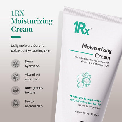 1RX Moisturizing Cream packaging with product details on a light background