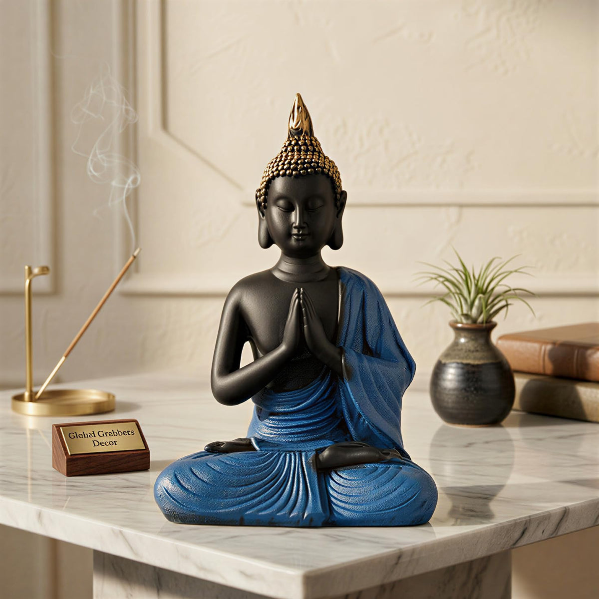 New Namaste Praying Buddha Statue showpiece Idol Home Decor Items for Living Room and Gifts (Blue Black)