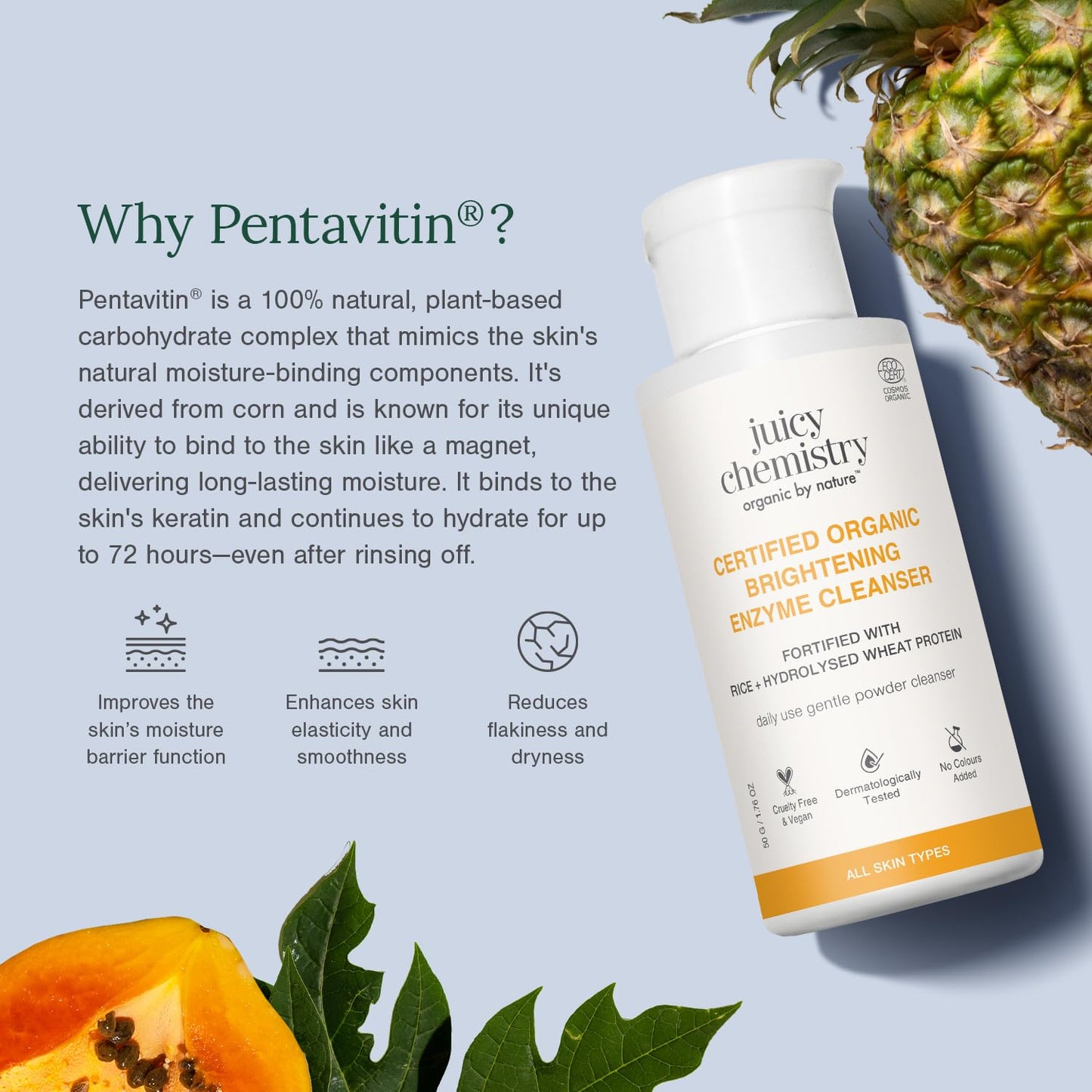 Juicy Chemistry Certified Organic Brightening Enzyme Cleanser, 50 g | Natural Fruit Enzyme Facial Cleanser | Gentle Daily Exfoliation Powder with Papaya, Pineapple, Pentavitin, Aloe | Vegan, Cruelty-Free