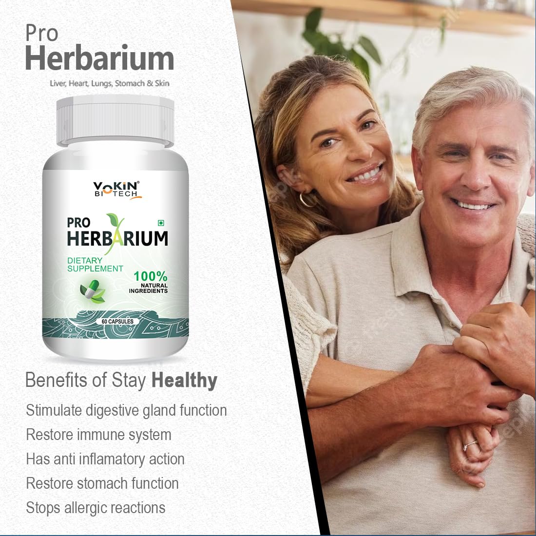 Yokin Biotech Pro Herbarium dietary supplement bottle with a couple embracing on a white background