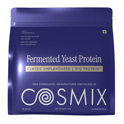 Cosmix Fermented Yeast Protein Powder | 31g Protein | Pure Single-Source Plant Protein | Made In-House | Smooth, Crazy tasty & Gut-Friendly | Classic Unflavoured, 1Kg Pouch