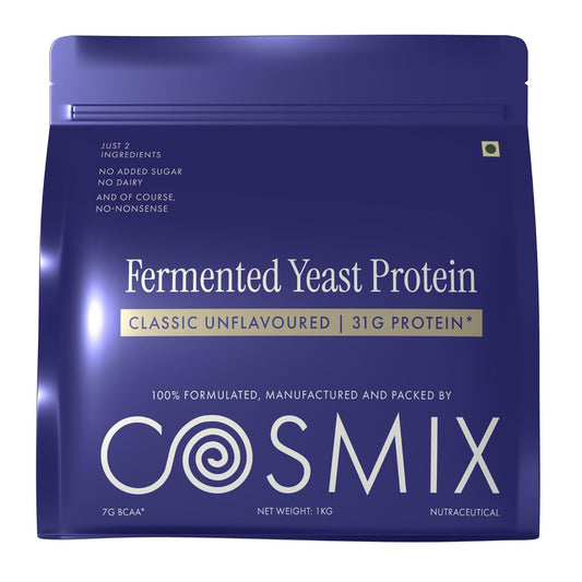 Cosmix Fermented Yeast Protein Powder | 31g Protein | Pure Single-Source Plant Protein | Made In-House | Smooth, Crazy tasty & Gut-Friendly | Classic Unflavoured, 1Kg Pouch
