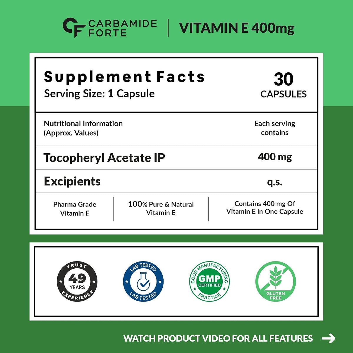 Carbamide Forte 400 mg Vitamin E Capsules for Face and Hair | 100% Natural Vitamin E Supplement with VitaminE Oil | Paraben Free - 30 Capsules