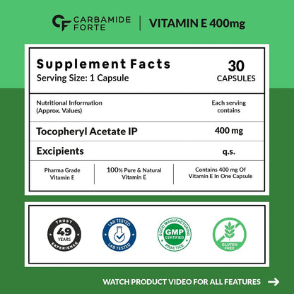 Carbamide Forte 400 mg Vitamin E Capsules for Face and Hair | 100% Natural Vitamin E Supplement with VitaminE Oil | Paraben Free - 30 Capsules