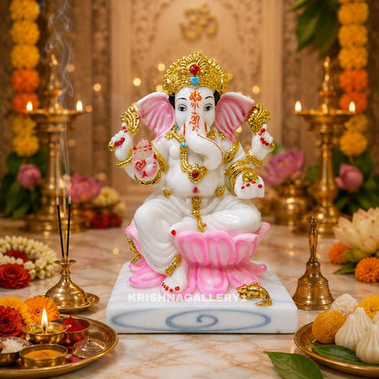 Lord Marble White Ganesh ji Murti Ganesha Ganpati Maharaj Murti Statue for Pooja Room Idol 6.5 Inch, Idol