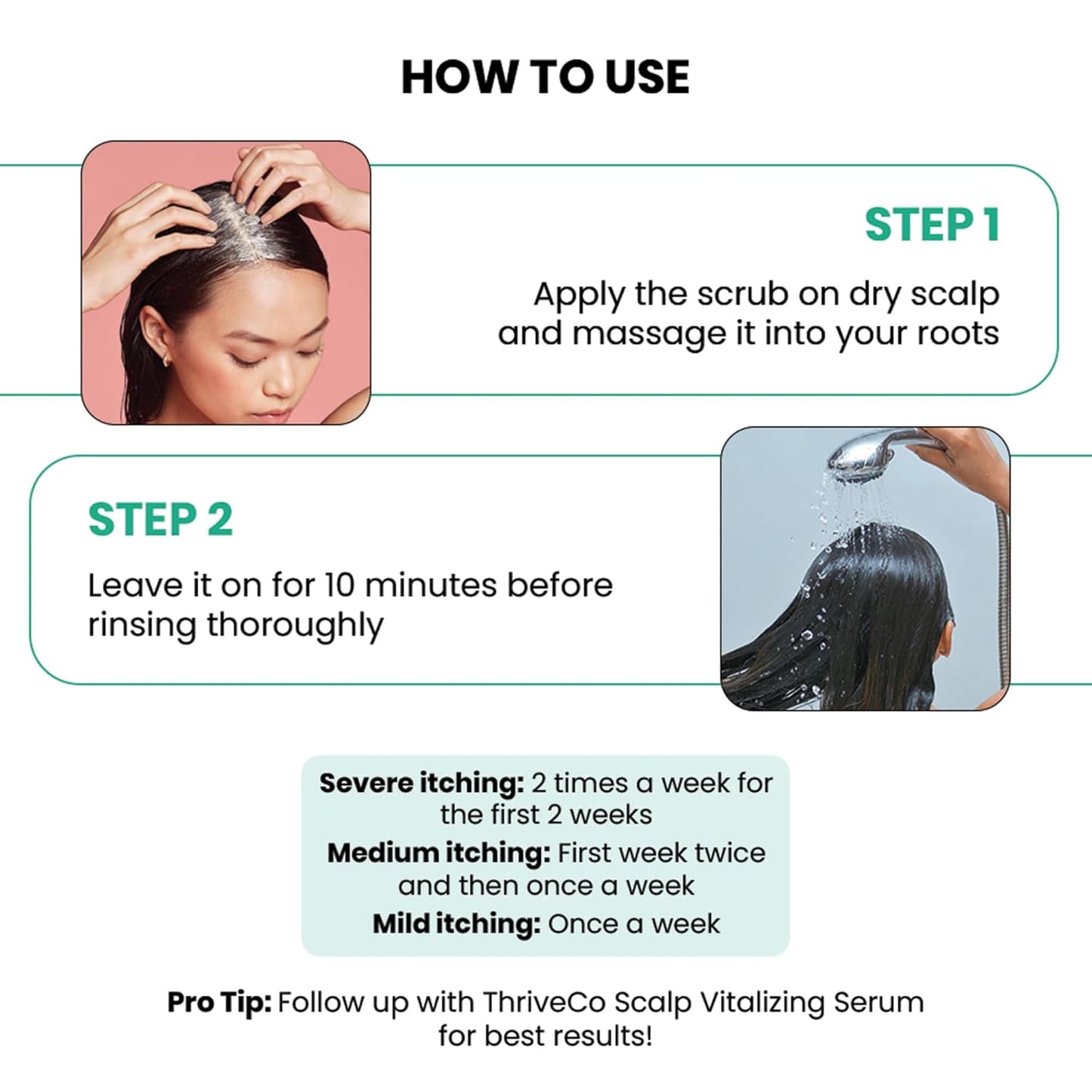 Instructions on how to use a scalp scrub with step-by-step guidance and images.
