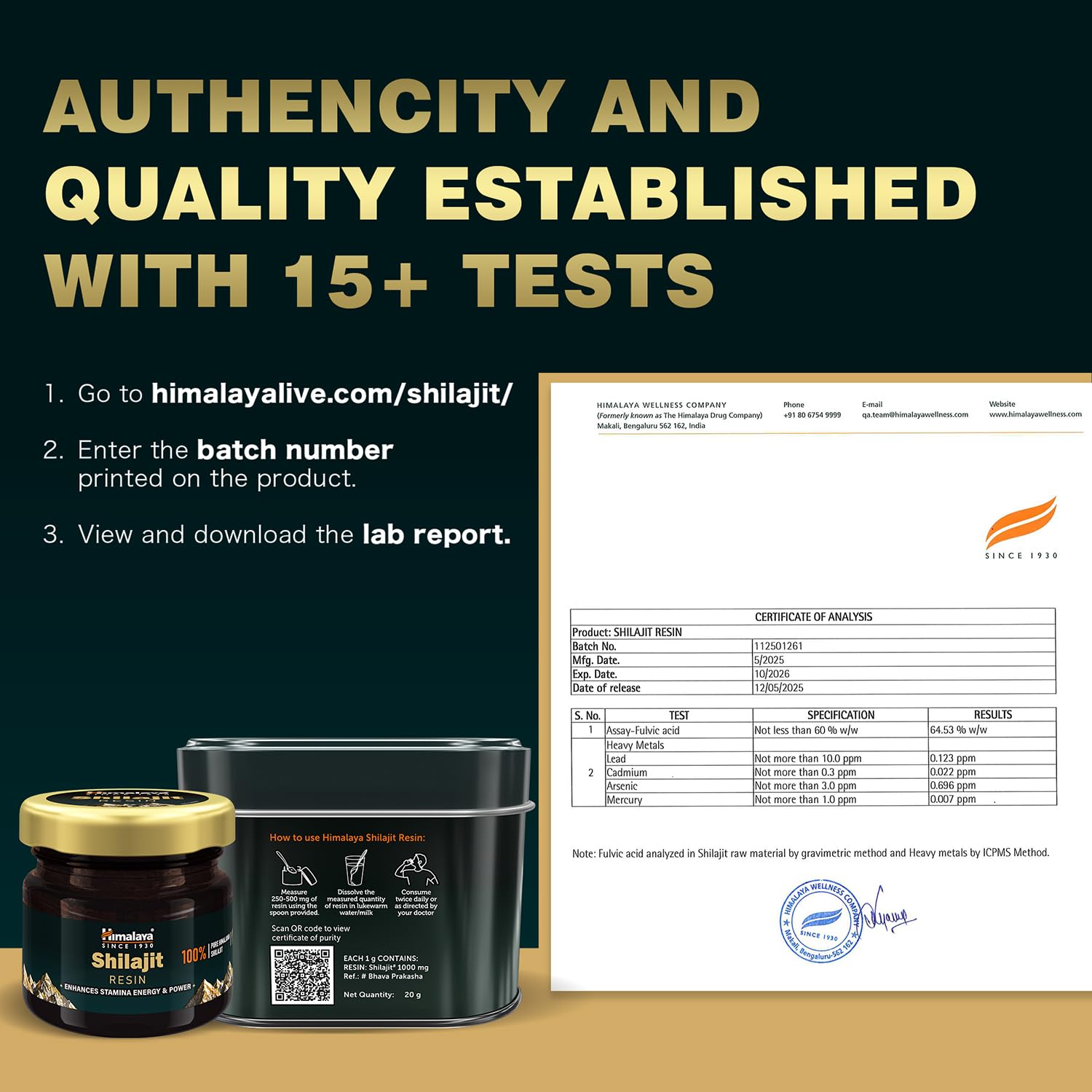 Himalaya Shilajit resin with a lab report and certification on a wooden surface.