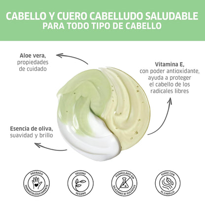 Cosmetic product with aloe vera and olive oil, labeled in Spanish.