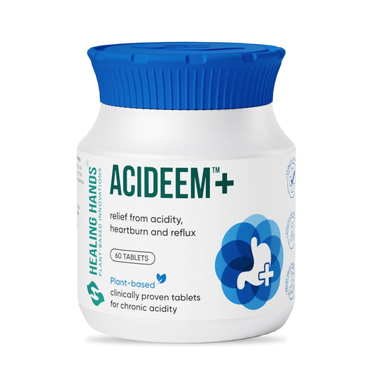 Healing Hands Acideem Plus Tablet for Relief in Chronic Acidity, Reflux and Abdominal Pain, Clinically Proven Plant Based Natural Solution, Herbal - 60 Tablets