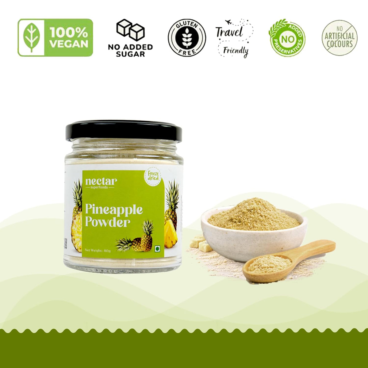 Nectar Superfoods Freeze Dried Pineapple Powder- 80 grams Jar-Pack of 1 Nos 100% Natural | No Added Sugar, Preservative-Free & Vegan | Processed in India