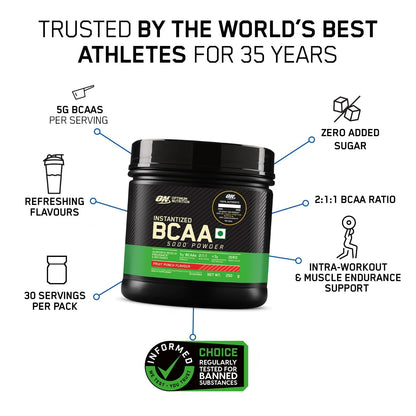 Optimum Nutrition BCAA, 5g BCAAs in 2:1:1 Ratio, 30 servings, For Muscle Recovery & Endurance, Intra workout, Informed Choice certified, 250gm