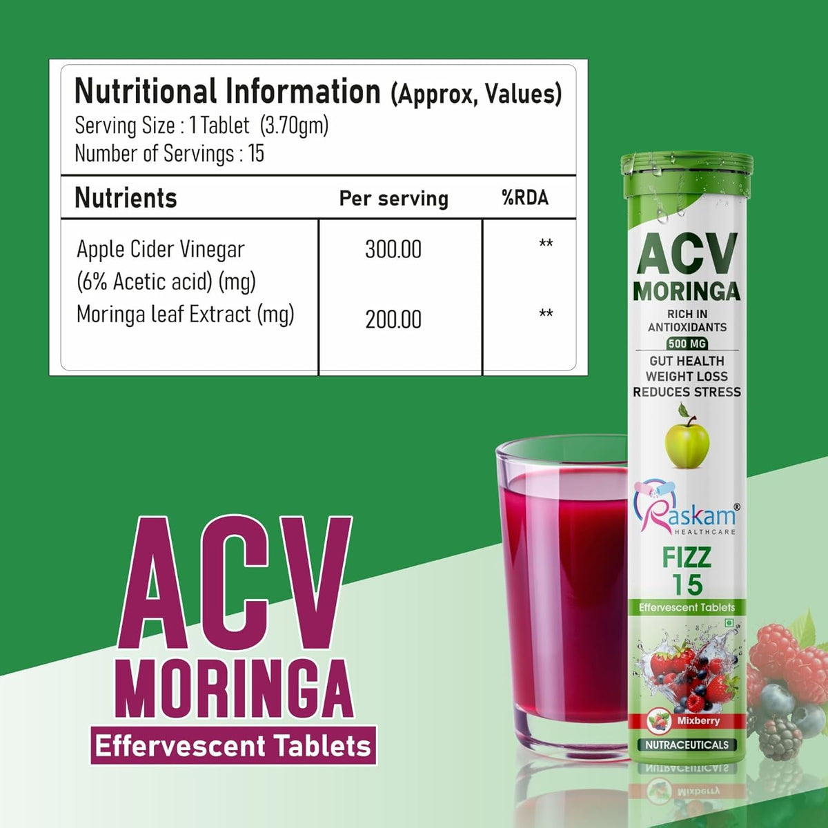 ACV Moringa effervescent tablets with nutritional information on a green background