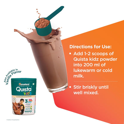 Quista Kids powder packaging with a glass of chocolate milk and usage directions on an orange background