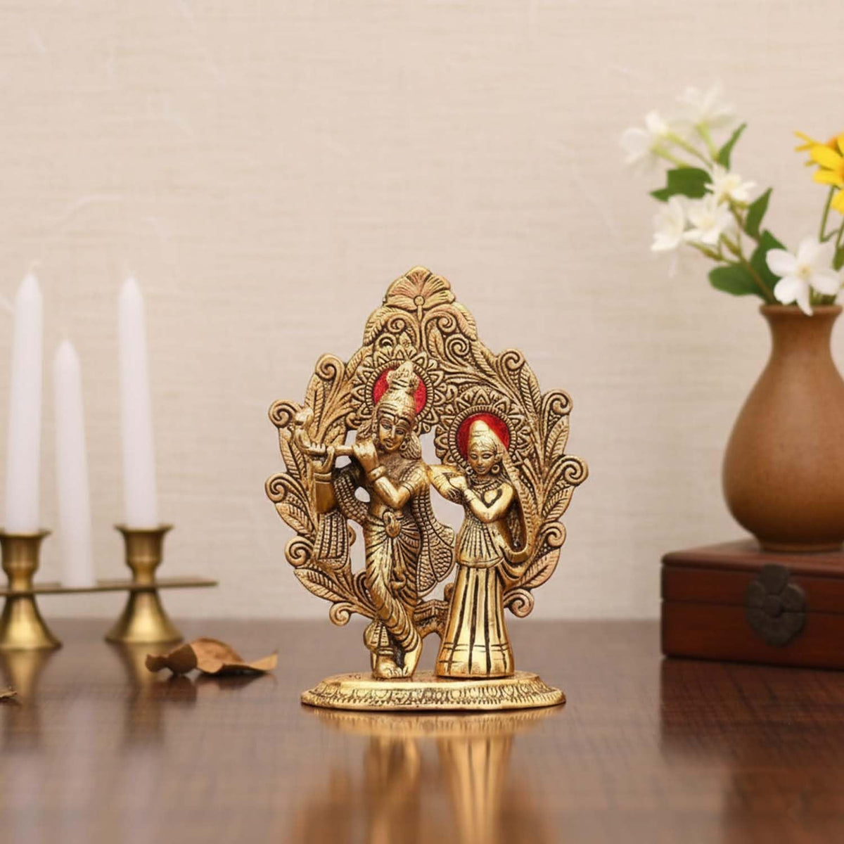 Designer Metal Oval Shaped Radha Krishna Idol Showpiece Murti Darbar for Home Decor Idol Showpiece Statue - Golden, Medium Size