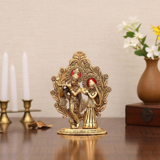 Designer Metal Oval Shaped Radha Krishna Idol Showpiece Murti Darbar for Home Decor Idol Showpiece Statue - Golden, Medium Size