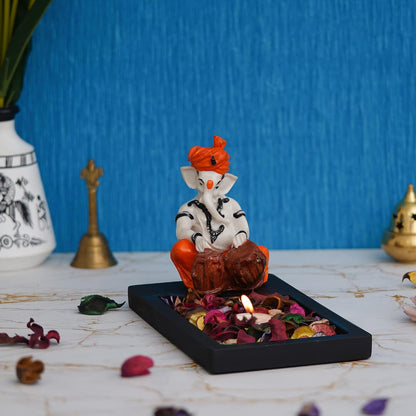 Orange White Resin Lord Ganesha Statue Playing Tabla Showpiece Potpourri Rectangle Tea Light Candle Holder|Ganpati Murti Tea Light Holder Diwali Decoration Items for Home Decor|Diwali Gift