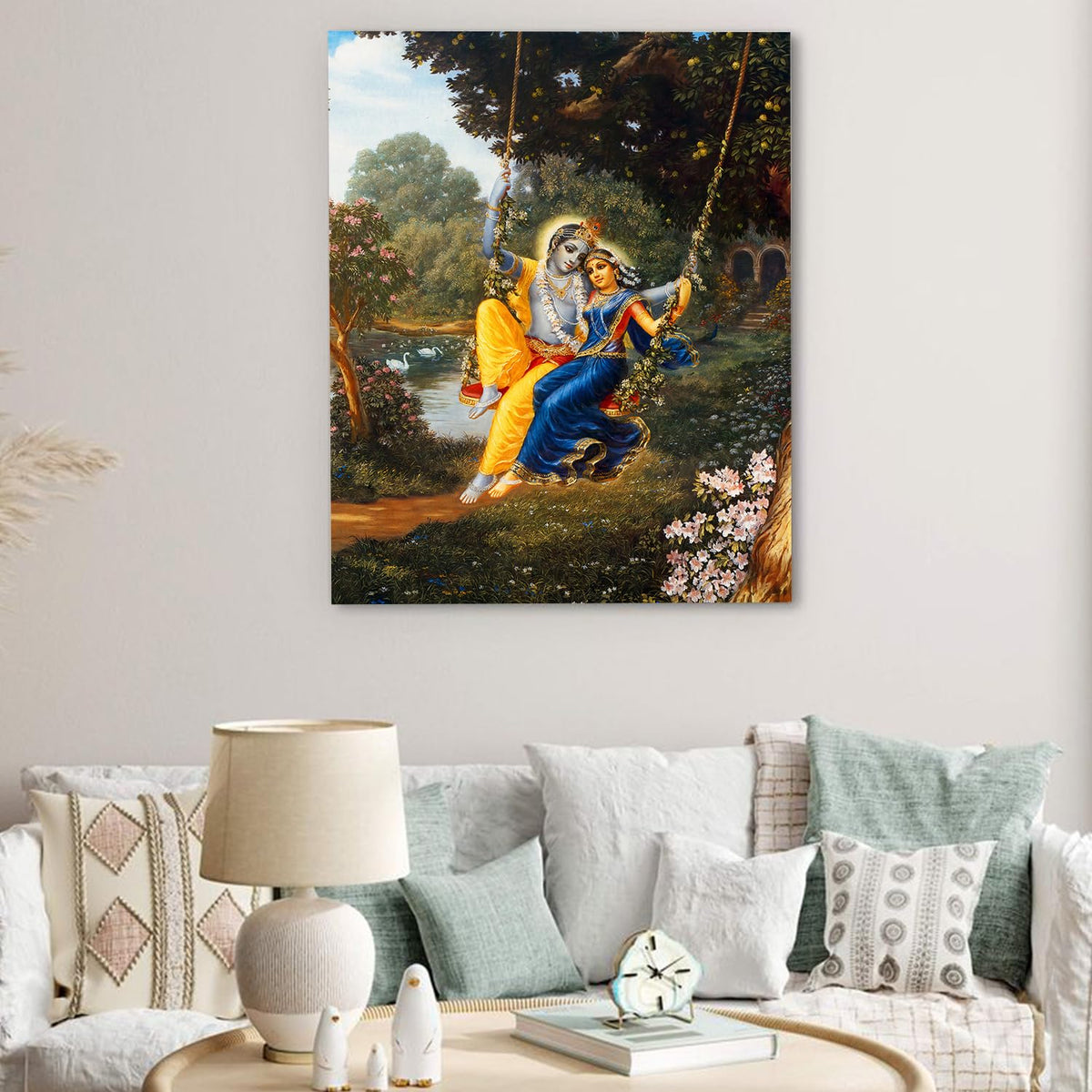 Canvas Wall Art Painting, 7 Running Horses with Rising Sun, Vastu Frame Decor, Multicolour, 45.7 x 61 cm (RADHA KRISHNA)