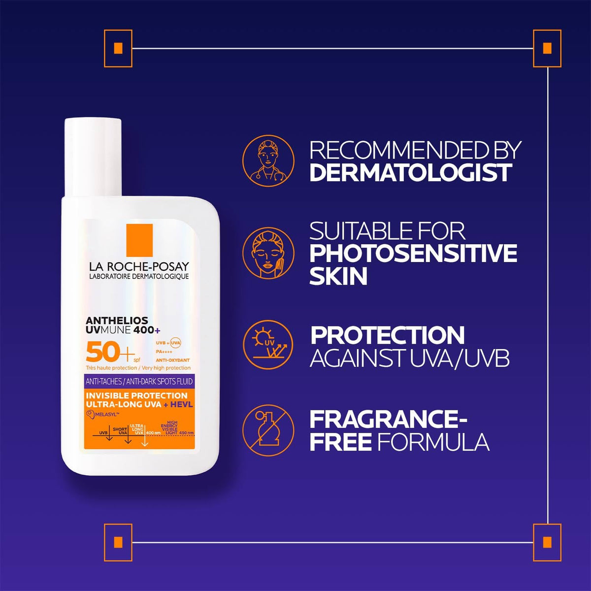 La Roche-Posay sunscreen bottle with product features on a blue background