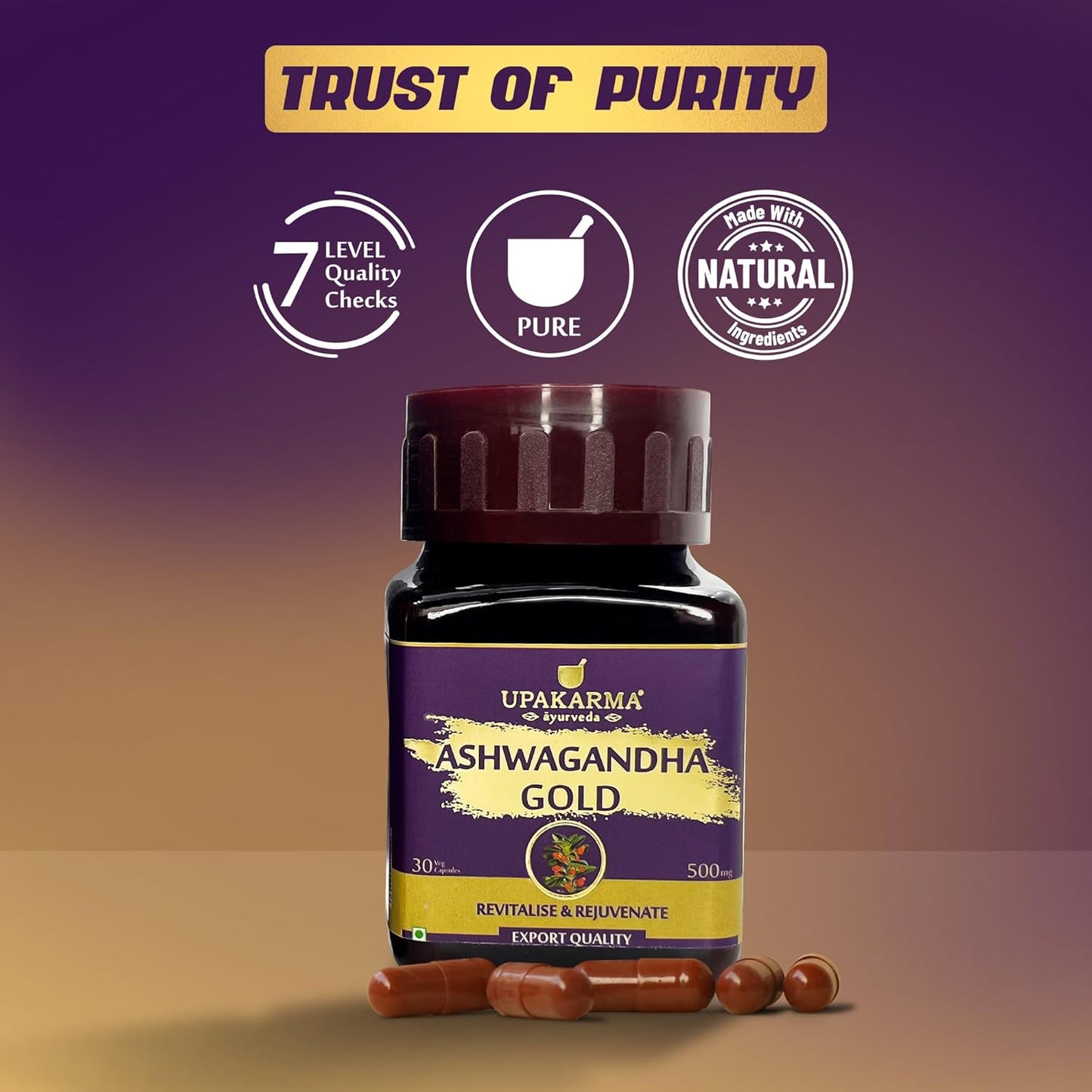 Upakarma Ashwagandha Gold 30 Capsules | Contains Gold | Ashwagandha Root Extract, Brahmi, Shigru and Other Action Herbs | Helps in Stress & Sleep Management
