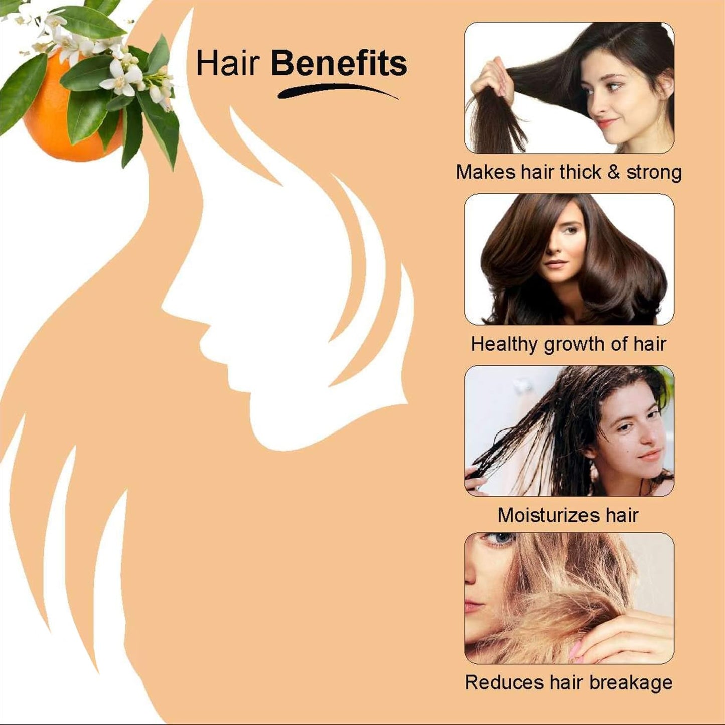 Hair benefits advertisement with a woman's silhouette and images of women with different hair conditions.
