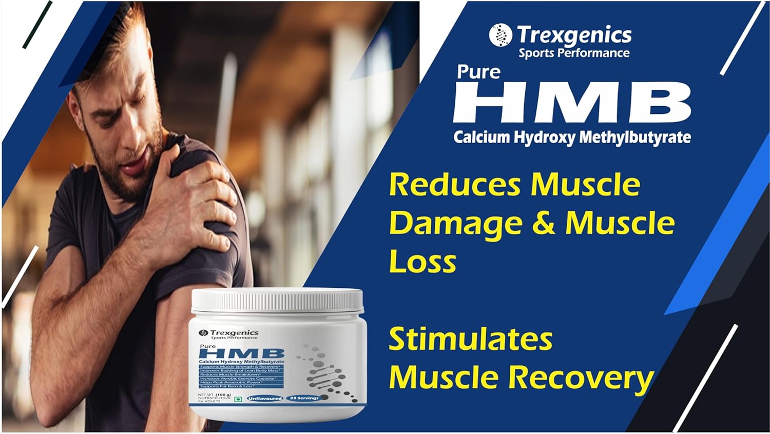 Trexgenics HMB supplement container with a man holding his shoulder, set against a blue and white background.