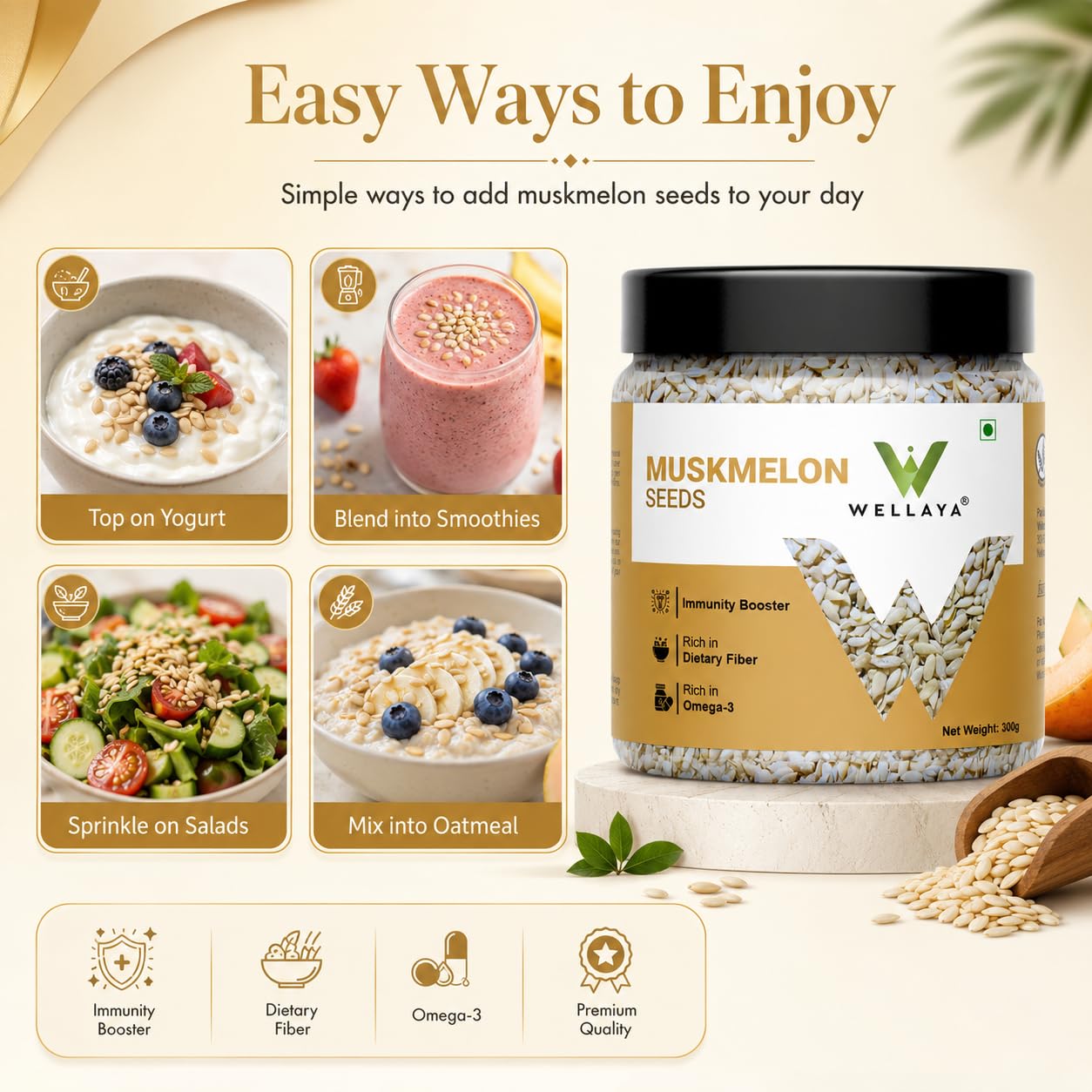 WELLAYA Muskmelon Seeds | Kharbooj Magaz Beej For Weight Loss | Healthy Diet Kharbuja Seeds | Rich in Omega-3, Antioxidants & Nutrients | Boosts Immunity, Energy & Digestion