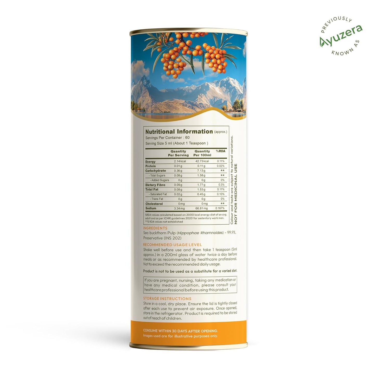 Wellwith by Ayuzera Natural Himalayan Sea Buckthorn Pulp 300ml | Cold Pressed Nutrient Rich Juice | Loaded with Vitamin C, Omega 3 6 7 9 & Antioxidants | For Skin, Immunity & Digestive Health