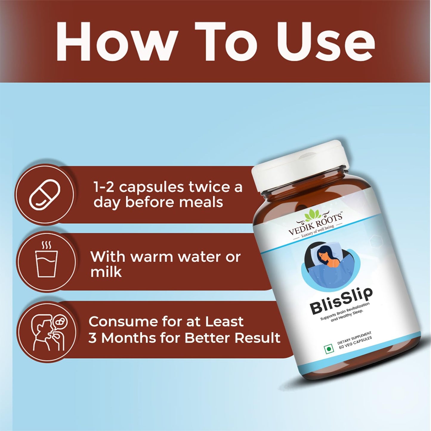 BlisSlip | Promotes Restful Sleep | Natural Sleep Support Supplement For Men & Women | 60 Veg Capsules (Pack of 1)