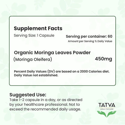TATVA HEALTHCARE Organic Moringa Capsules 450mg | 60 Vegan Vegetarian Capsules | Moringa Oleifera Leaf Powder Supplement | Organic Drumstick Leaf Herbal Supplement | Daily Wellness