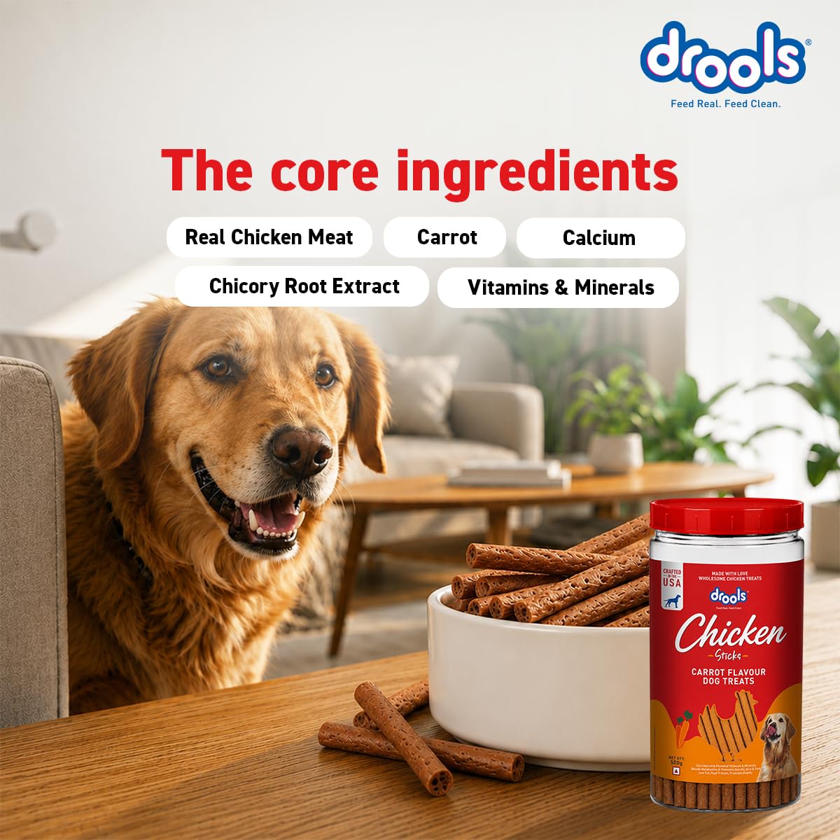 Drools Real Chicken & Carrot Flavor Dog Treat Sticks, Delicious Training & Reward Treats for Dogs, 500g