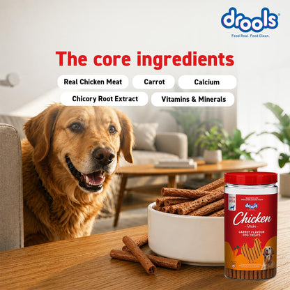 Drools Real Chicken & Carrot Flavor Dog Treat Sticks, Delicious Training & Reward Treats for Dogs, 500g